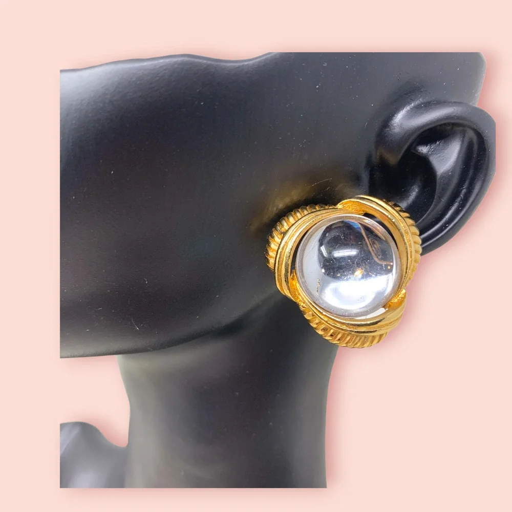 Vintage NEW 1990s Y2K Earrings Round Clear Crystal Cabochon Gold Tone Pierced